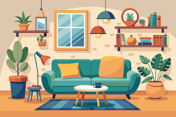 Interior of a cozy living room with a sofa, pieces of furniture, accessories, paintings and a plant
