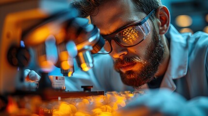 Scientist examining samples under a microscope in a laboratory setting at dusk