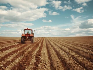 Obraz premium Tractor cultivating soil in rural farmland under a blue sky with scattered clouds during the day