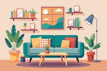 Interior of a cozy living room with a sofa, pieces of furniture, accessories, paintings and a plant
