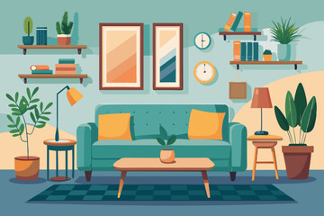 Interior of a cozy living room with a sofa, pieces of furniture, accessories, paintings and a plant
