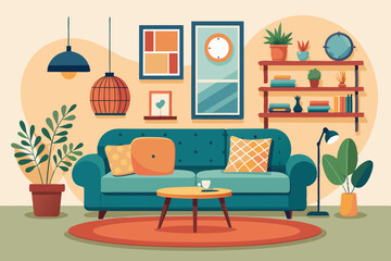 Interior of a cozy living room with a sofa, pieces of furniture, accessories, paintings and a plant
