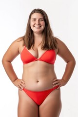 Fototapeta premium A smiling young woman with long brown hair is wearing a bright red bikini, standing against a white background.