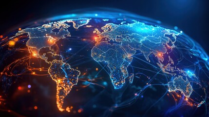 Quantum technology transforming global trade, visualized as a digital grid overlaying a world map with glowing nodes,