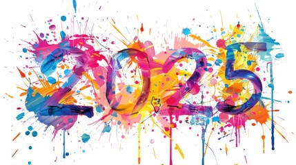 The text "2025" formed by colorful paint splashes, set against a white background