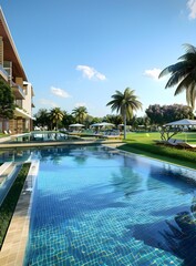 Obraz premium Tropical Resort Pool with Palm Trees and Blue Sky