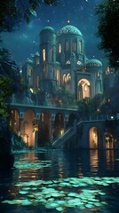 Fantasy Palace Architecture Under Night Sky With Lily Pads