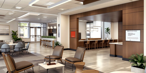Customer-friendly bank lobby with comfortable seating, a coffee station, and interactive digital displays for financial information.