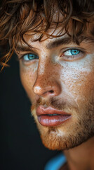Obraz premium Close-up portrait of a Canadian male fashion model with freckled skin and intense blue eyes