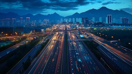 Obraz premium Night Aerial View of City Highway with Mountains in Background