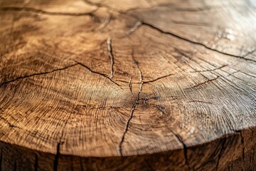 Fototapeta premium Natural Beauty: Close-Up of Warm Oak Countertop with Cracks and Intricate Wood Grain for Rustic Interior Designs