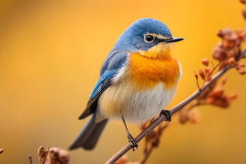 Fototapeta premium A small bird with a blue head and orange body is perched on a branch. The bird appears to be looking at the camera, and the scene has a peaceful and serene mood
