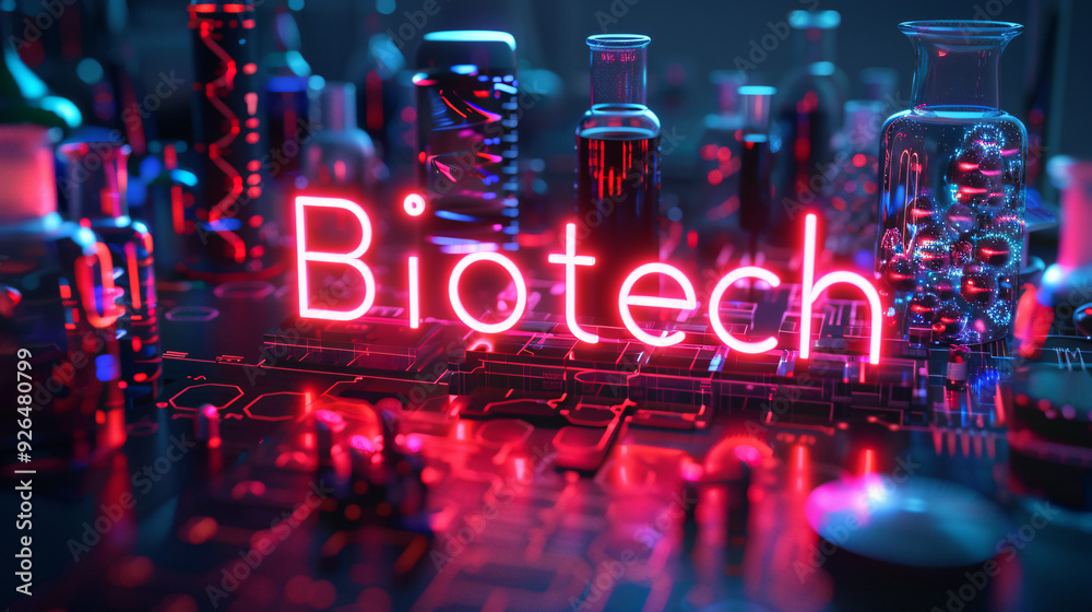 Poster biotech neon sign shining on a circuit board with laboratory equipment surrounding it