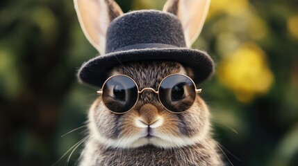 Obraz premium Fashion-forward rabbit with round, tinted sunglasses and a tiny bowler hat.