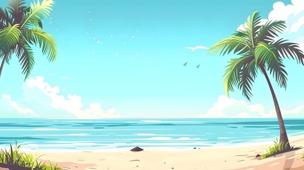 Obraz premium Tropical Beach Summer Vacation with Palm Trees and Blue Sky