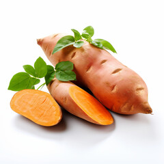 Fresh sweet potato isolated with leaves on white background