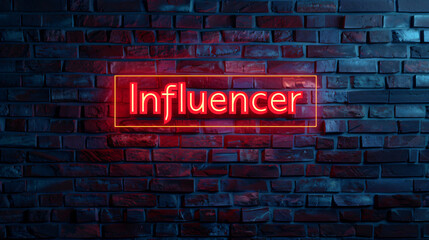 Fototapeta premium Influencer concept: red neon sign on brick wall at night, representing online influence and digital marketing