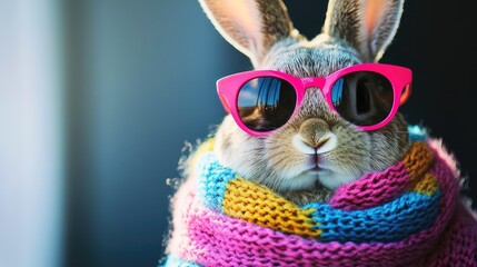Fashionable bunny sporting bright pink sunglasses and a colorful scarf.