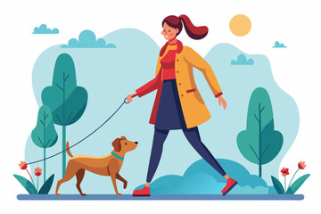 Woman is walking with a dog. Vector illustration in a flat style
