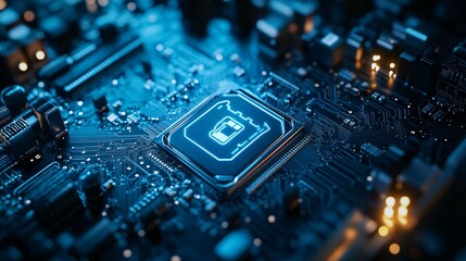 Fototapeta premium Close-up of a microchip with a glowing digital lock symbol, highlighting cybersecurity, data protection, and secure technology in modern computing systems.