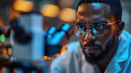 Scientist examining samples under a microscope in a laboratory during evening hours
