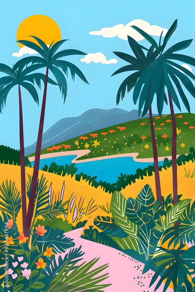 Wall mural Tropical Paradise Illustration With Palm Trees And Lush Foliage