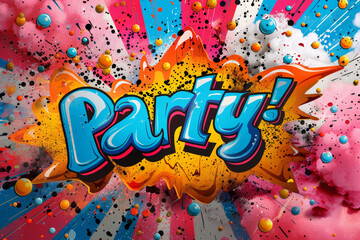 Colorful pop art comic book style sound effect with the word party