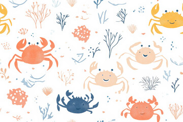 Fototapeta premium Playful seamless pattern with marine elements and cartoon crabs on a white background