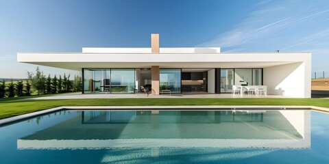 Fototapeta premium Modern Minimalist House with Pool and Green Lawn