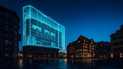 Fototapeta premium Futuristic Architectural Design Projection Overlay on City Block Under Construction at Night, Wireframe Hologram Building Visualization