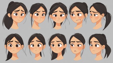 Flat vector female character sheet with various facial expressions, hand drawn in a doodle style, petrol details.