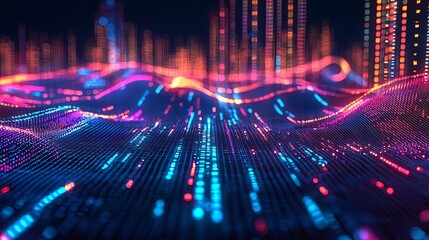 Fototapeta premium Market trend analysis, flowing data lines and futuristic graphs, 3D illustration