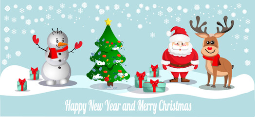 christmas card with deer ,new year card with  snowman, santa, tree, 