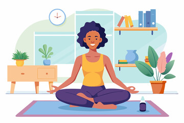 Happy woman doing yoga at home. Relaxation and concentration. Healthy and active lifestyle
