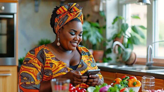 Gorgeous plus-size African woman having a nutritious lunch at home while using her smartphone