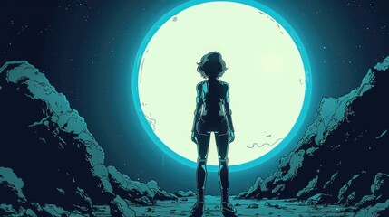 Obraz premium Beautiful young girl standing in front of a huge round portal leading to an alien world.