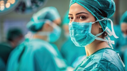 A woman in a surgical mask and gown, with a serious expression on her face, against the background of doctors in the operating room.