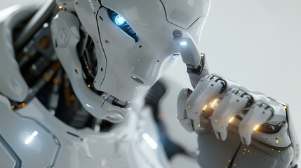 Fototapeta premium Humanoid robot with glowing blue eyes and white skin, close-up.