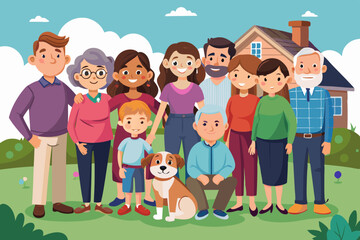 Portrait of a happy big family in front of the backyard of the house. Parents, children, grandmother, grandfather and pet together
