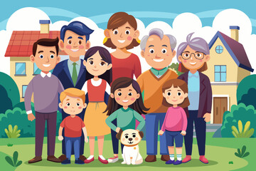 Portrait of a happy big family in front of the backyard of the house. Parents, children, grandmother, grandfather and pet together
