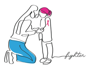 hand drawn continuous line art vector of a healthcare worker empathizing with a strong little soul fighting serious illness. Cancer patients concept. Cancer