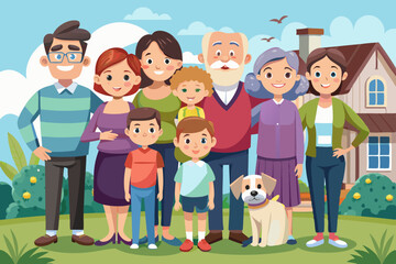 Portrait of a happy big family in front of the backyard of the house. Parents, children, grandmother, grandfather and pet together

