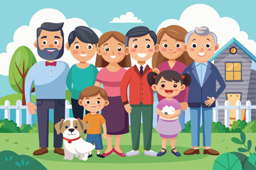 Portrait of a happy big family in front of the backyard of the house. Parents, children, grandmother, grandfather and pet together
