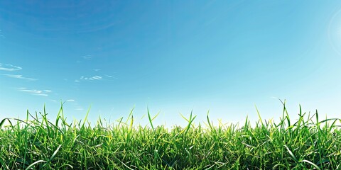 Fototapeta premium A vibrant green grass field under a clear blue sky with copy space image