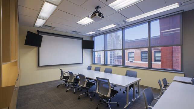 Modern conference room with large windows and a projector screen.