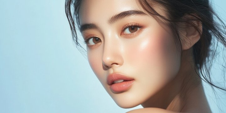 Radiant Asian Beauty: Flawless Skin Portrait for Skincare Promotion. Elegant Face Showcasing Perfect Complexion in Cosmetic Advertisement. Aesthetic UI Web Poster Design for Beauty Salon, Plastic Surg