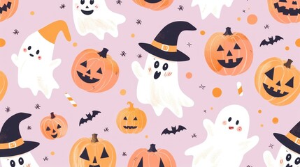 A fun Halloween pattern with playful ghosts, smiling pumpkins, and cheerful witches.