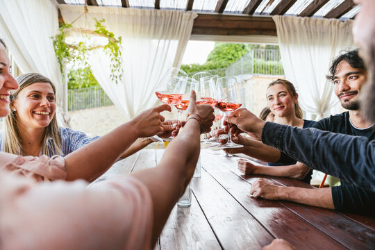 Group of friends toasting with glasses of wine under the pergola of a restaurant in the countryside - People having fun together
