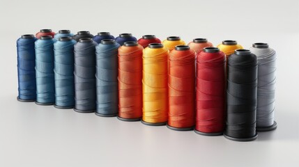 A group of vibrantly colored spools of thread, including yellow, orange, and blue, laid out on a surface for a variety of textile and sewing projects.