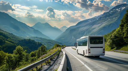 White modern comfortable tourist bus driving along the highway in bright sunlight. Travel and bus tourism concept.